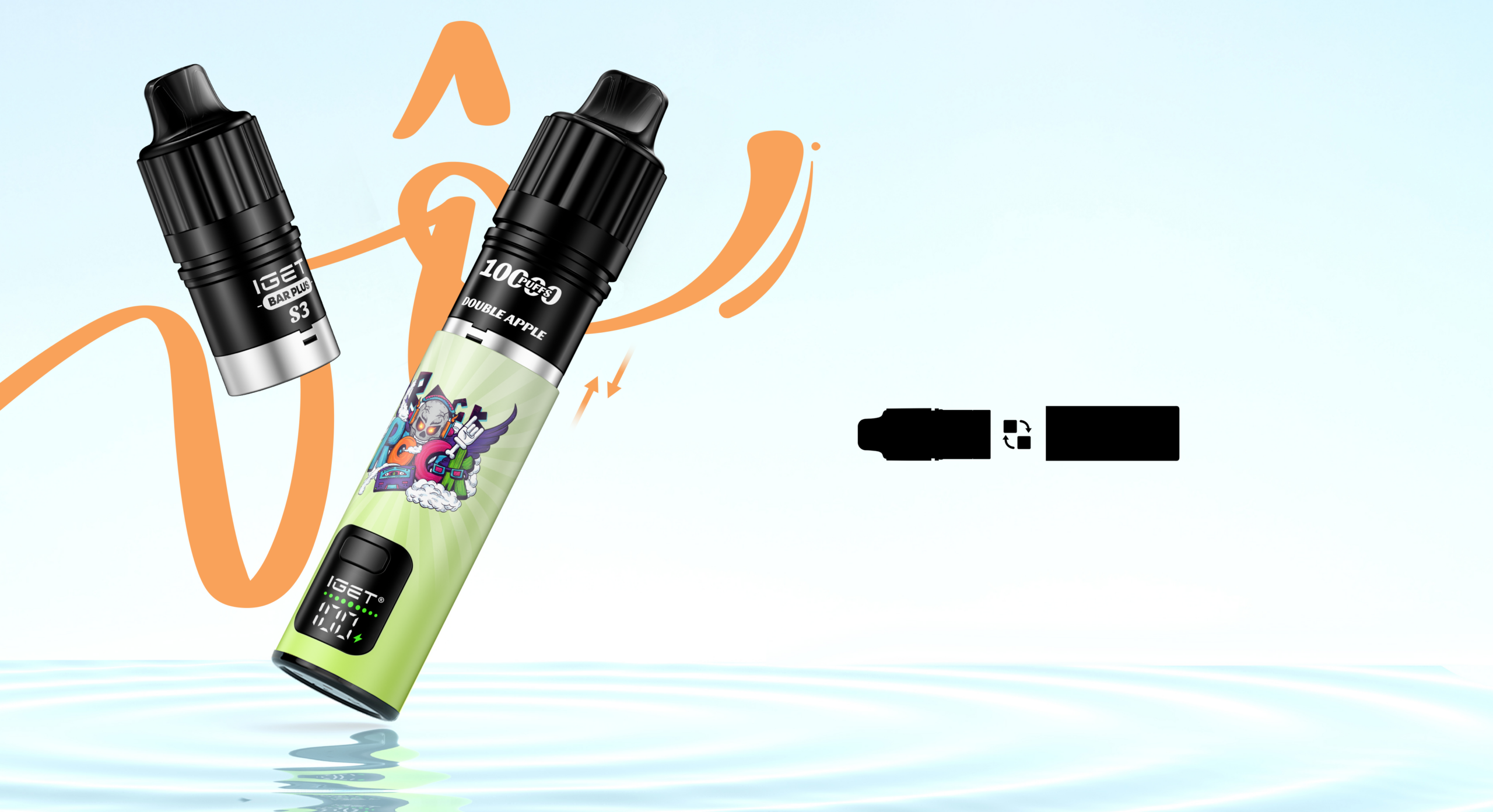 IGET S3 vape components, exploded view vape pod system, rechargeable base interchangeable pod - IGET BAR PLUS S3