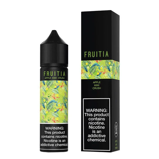fruit vape flavors, fresh fruit e-liquid, tropical vape juice, kiwi pineapple vape, vape device surrounded by fruits - Fruitia - Apple Kiwi Crush — eJuiceDirect