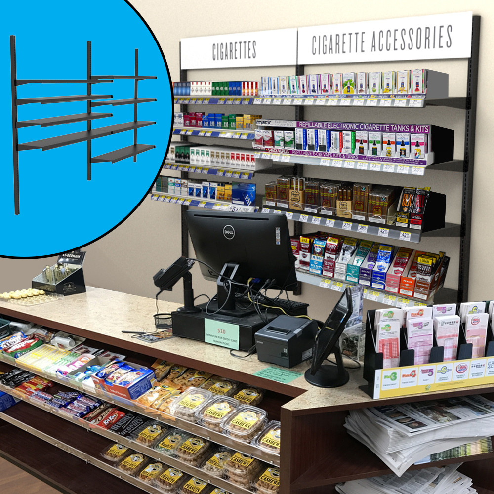 corner store vape selection, gas station vape display, limited vape options convenience store, small tobacconist vape shelf - Lozier Slotted Wall Standard Cigarette & Vape Display Kit, 96W 48H