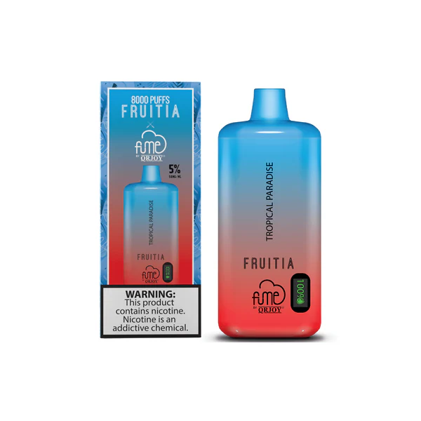 vape device on beach with tropical fruits, mango pineapple vape flavors, tropical paradise vaping - Tropical Paradise | FRUITIA x Fume Vapor | Fresh Farms E-Liquid