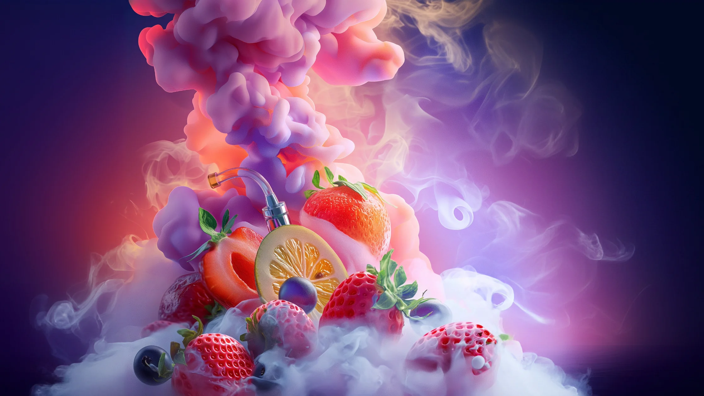 vape device with fruit salad background, fruity vape flavor concept art, person enjoying fruit-flavored vape - Best Smoke Shop in USA - World of Smoke and Vape
