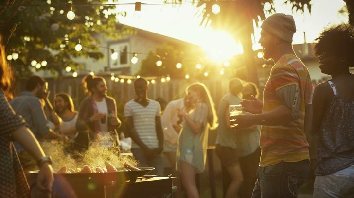 Brisbane backyard BBQ friends, Gabba stadium background, disposable vape, humid night outdoor gathering - Free Evening Garden Party Image - Gathering, Friends, Barbecue ...