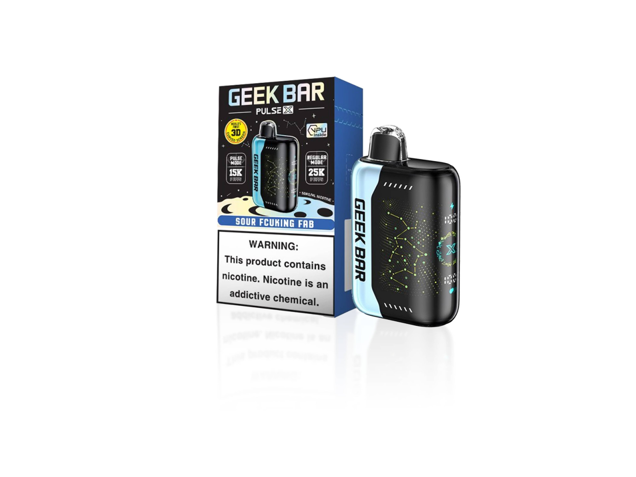UMIN Geek Bar Pulse X 3D curved HD screen display, vape device showing screen interface, dual power mode smart vape - Geek Bar Pulse X Dual Mode Disposable Vape