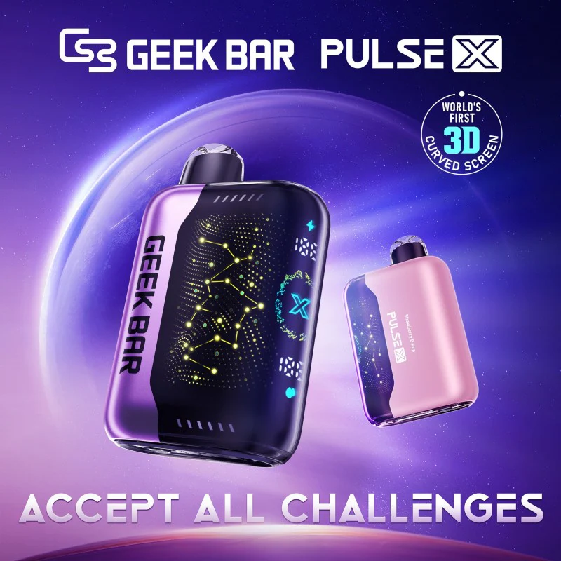 UMIN Geek Bar Pulse X 3D curved HD screen display, vape device screen showing e-liquid battery stats - GEEK BAR PULSE X | Accept All Challenges – Price Point NY