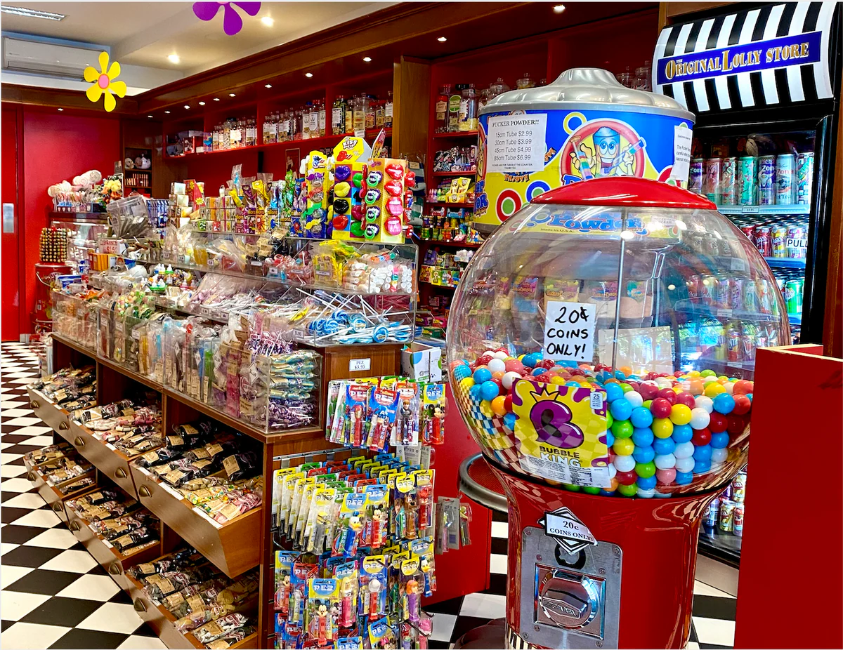 vintage lolly shop Melbourne, nostalgic candy store, Chupa Chups lollipop stand, old-fashioned sweet shop interior, sugary nostalgia - MELBOURNE EMPORIUM – The Original Lolly Store