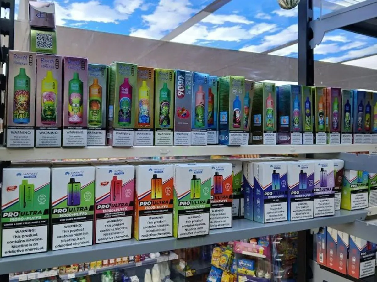 disposable vape sold out sign, empty vape store shelf, frustrated vaper looking for stock - Vapers panic-buying as shops sell off final stock ahead of looming ...