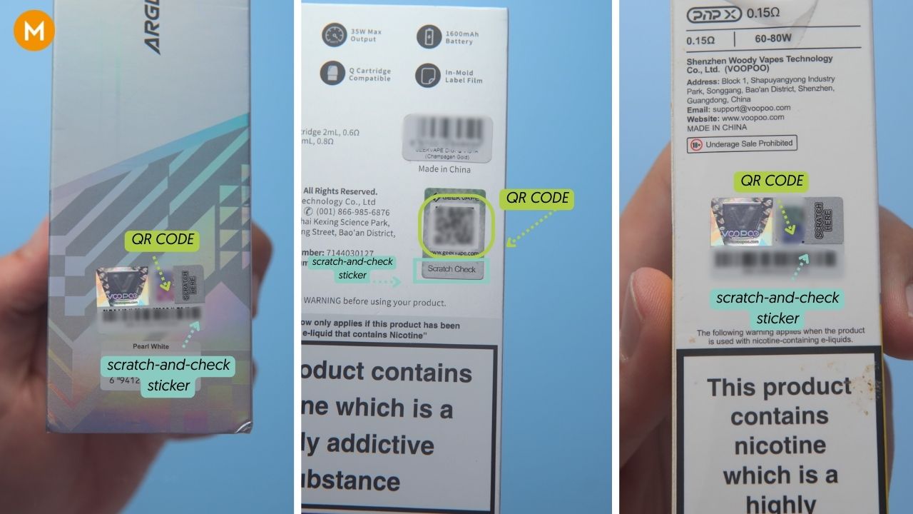 hand scanning QR code on vape box, vape authenticity verification app, smartphone checking official vape website - Real or Fake Vape? How to Check for a Genuine Vape Using 2 Simple ...
