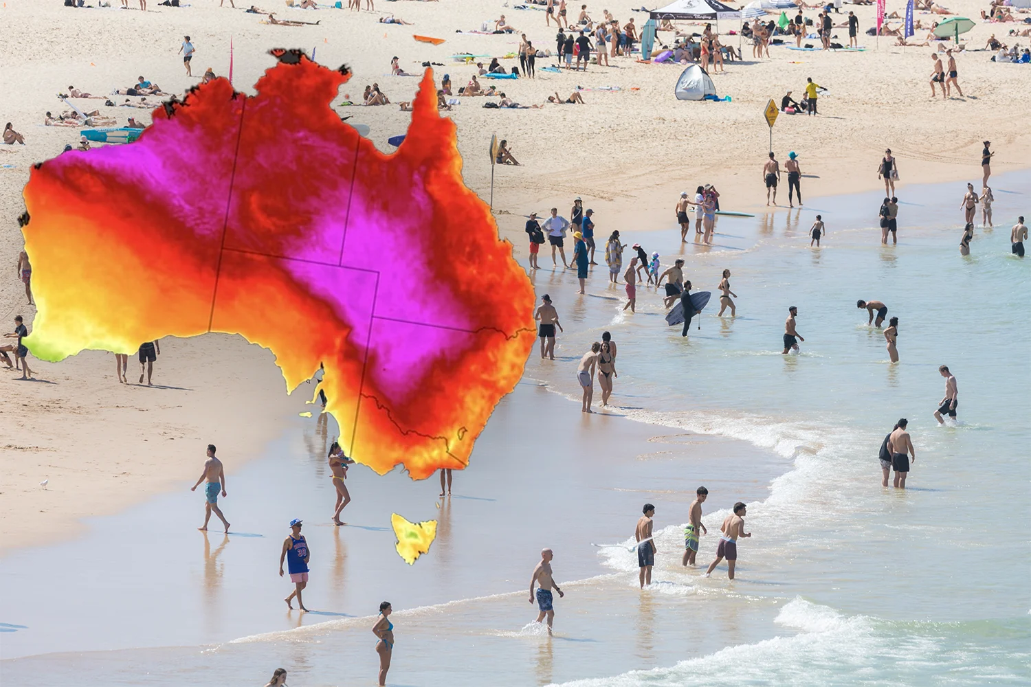 scorching Australian summer, Bondi beach heatwave, person seeking relief from heat, refreshing cool down - Urgent warning as 45C heatwave prompts