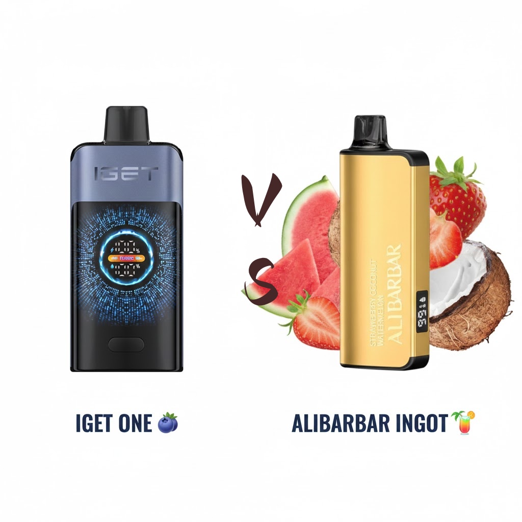 vape mouthpiece comparison infographic, flat vs round vape tip features, Alibarbar INGOT Iget Moon comparison table visual - IGET Bar Plus vs Alibarbar Ingot 9000: Longest Lasting Vape AU