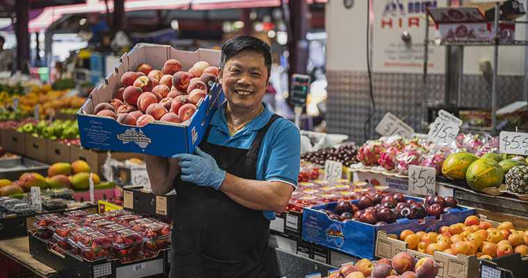 Queen Victoria Market summer Australia, fresh fruit market display, frozen fruit smoothie vs fresh fruit - Steven