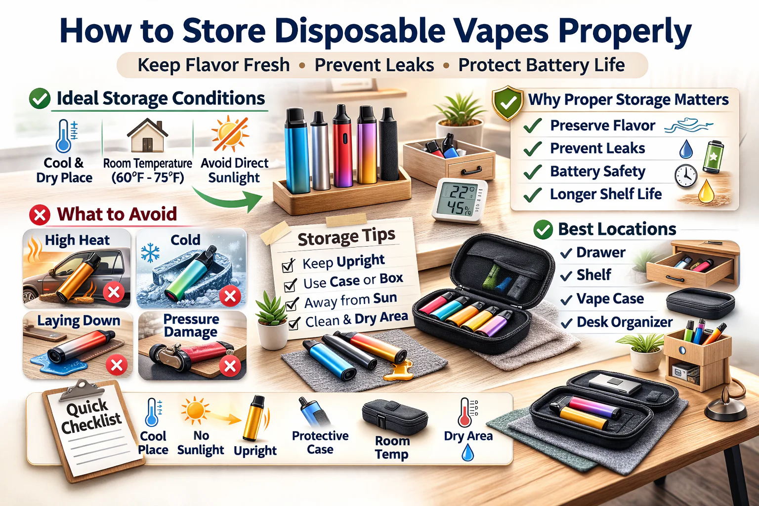 vape storage guide infographic cool dark upright blow-back method, disposable vape freshness tips - How to Store Disposable Vapes Properly | Storage Tips ...
